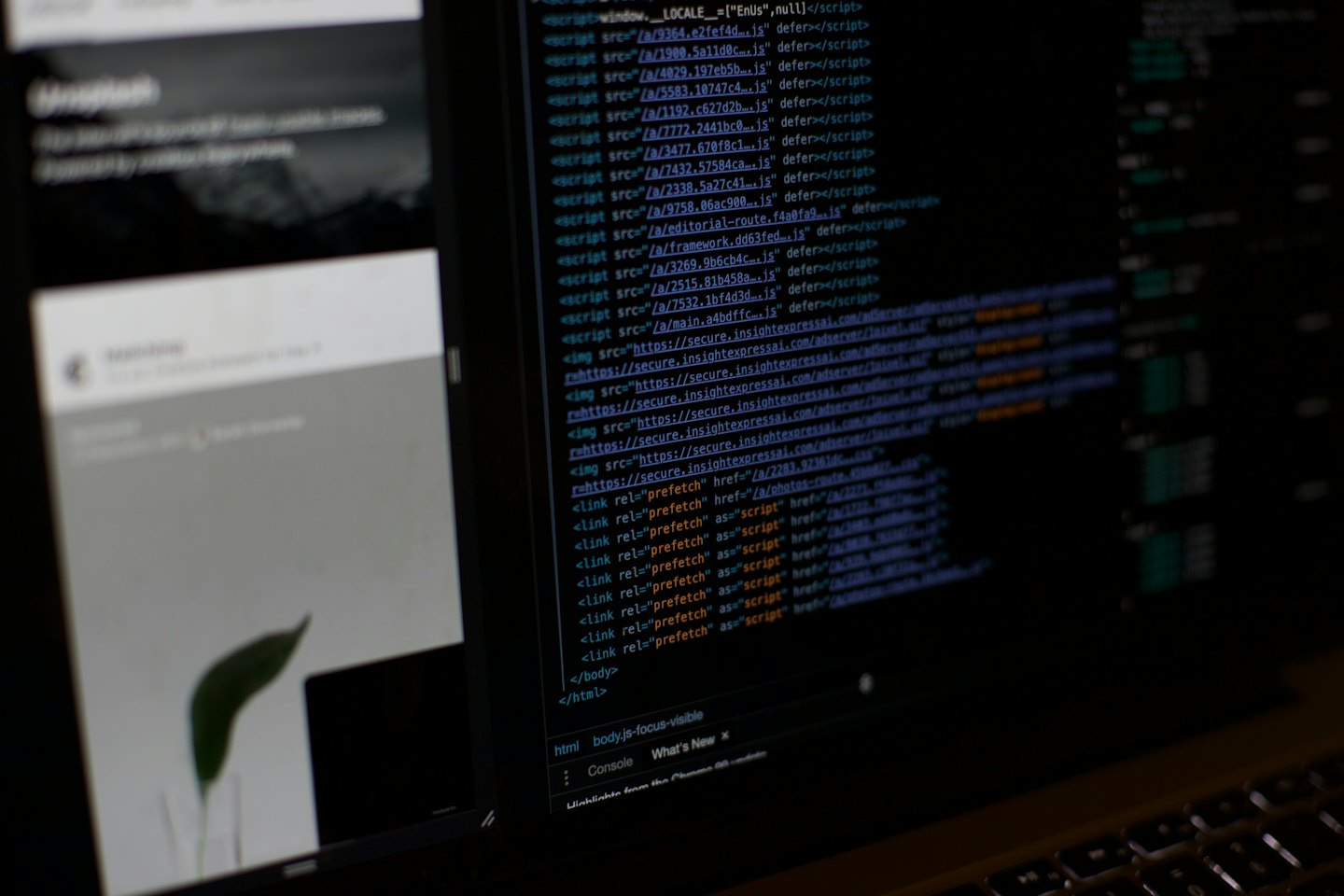 Computer screen showing programming code and website design.